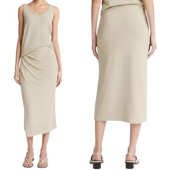 Vince Side-Drape Skirt Womens Size XL Sepia Ruched Faux Wrap Stretch Knit‎ - Picture 2 of 11